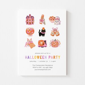 May include: A white Halloween party invitation card featuring a grid of nine illustrations including a haunted house, a skeleton hand with a glass, a ghost with candy, a cocktail, a black cat, potion bottles, a bat, a record player, and a pumpkin.