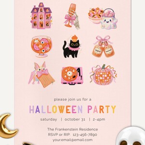May include: A light pink Halloween party invitation featuring illustrations of a haunted house, skeleton hand with a glass, ghost with candy, cocktail, black cat, potion bottles, bat, record player, and disco pumpkin. Text includes party details.