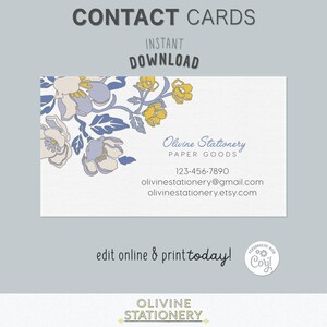 Stylized Blue Flowers Business Card | Editable Corjl Template | Floral Contact Card | QR Code Business Branding