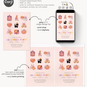 May include: A digital Halloween party invitation template featuring a light pink background with illustrations of a haunted house, ghost, black cat, and pumpkin. The text reads HALLOWEEN PARTY, with details for date, time, and location. Includes a 5x7 inch single design and an 8.5x11 inch PDF layout.