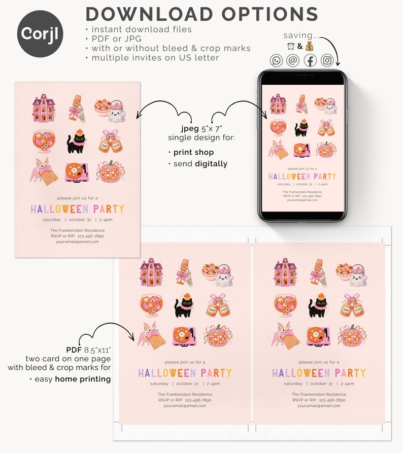 May include: A digital Halloween party invitation template featuring a light pink background with illustrations of a haunted house, ghost, black cat, and pumpkin. The text reads HALLOWEEN PARTY, with details for date, time, and location. Includes a 5x7 inch single design and an 8.5x11 inch PDF layout.