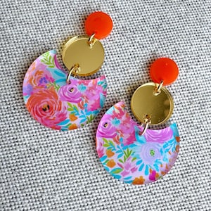 Orange and Pink Floral Acrylic Earrings, Orange and Pink Earrings, Lightweight Earrings, Acrylic Earrings, Orange Floral Earrings,