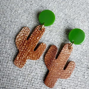 Brown Cactus Leather Earrings, Brown Leather Earrings, Cactus Earrings, Leather Earrings, Lightweight Earrings, Green and Brown  Earrings