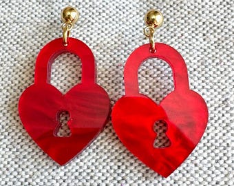 Red Heart Earrings, Heart Earrings, Acrylic Earrings, Valentines Earrings, Lightweight Earrings, Statement Earrings, Red Heart Lock Earrings