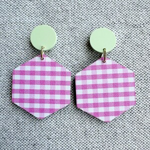 Green and Pink Wooden Earrings, Lightweight Earrings, Statement Earrings, Green and Pink Earrings, Pink Gingham Earrings