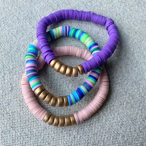 Blue Multicolor Vinyl Heishi Bead Bracelet, Blue Vinyl Bracelet, Blue and Purple Beaded Bracelet, Blue and Gold Bracelet, Blue Bead Bracelet