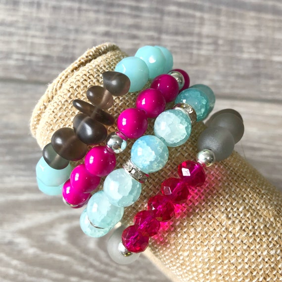 Gemstone Bracelet Stack Bracelet Set of 4 Blue and Pink Bracelet Stack Blue Bracelet Stack Etsy France