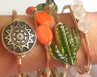 Green Glass Cactus Wire Wrap Bangle Bracelet, Cactus Bangle, Bourbon and Boweties Inspired, Green Cactus Bangle