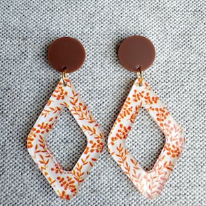 Orange Floral Acrylic Earrings, Orange Earrings, Statement Earrings, Floral Earrings,  Orange and White Earrings