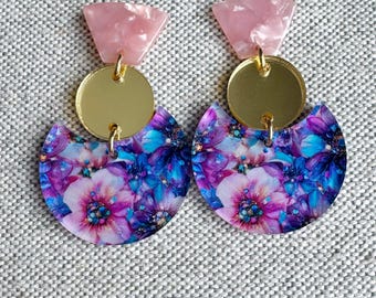 Blue and Pink Floral Acrylic Earrings, Lightweight Earrings, Statement Earrings, Blue and Pink Earrings, Floral Earrings