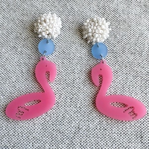 Pink Flamingo Acrylic Earrings, Lightweight Earrings, Statement Earrings, Blue and Pink Earrings, Flamgino Earrings