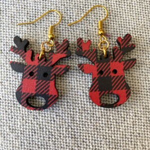 Reindeer Earrings, Christmas Earrings, Holiday Earrings, Red and Black Earrings, Lightweight Earrings, Wooden Earrings