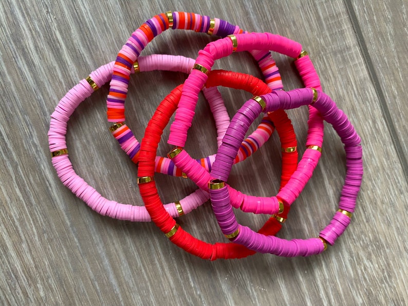 Red Vinyl Bracelet Red Beaded Bracelet Valentines Bracelet July 4th Bracelet Red Vinyl Heishi Bead Bracelet