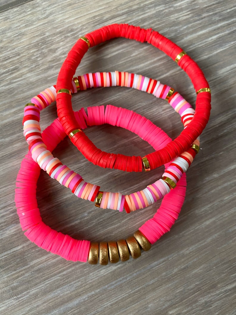 Red Vinyl Bracelet Red Beaded Bracelet Valentines Bracelet July 4th Bracelet Red Vinyl Heishi Bead Bracelet