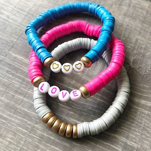 Gray Vinyl Heishi Bead Bracelet, Grey Vinyl Bracelet, Gray Beaded Bracelet, Gray and Gold Bracelet, Grey Bead Bracelet