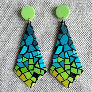 Blue Mosaic Earrings, Blue and Green Acrylic Earrings, Lightweight Earrings, Statement Earrings