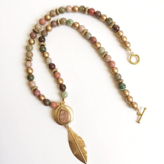 Orange Druzy and Feather Pendant Necklace, Orange Druzy  display picture 1