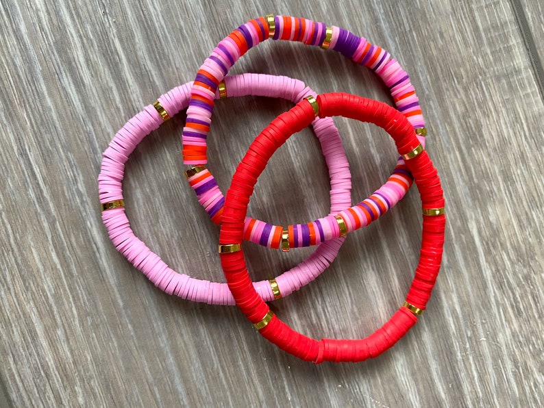 Red Vinyl Bracelet Red Beaded Bracelet Valentines Bracelet July 4th Bracelet Red Vinyl Heishi Bead Bracelet