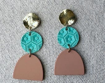 Turquoise Leather Earrings, Leather Earrings, Lightweight Earrings, Statement Earrings, Tan and Turquoise Earrings