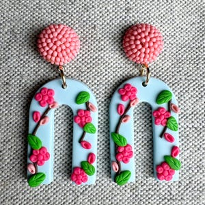 Blue and Pink Clay Earrings, Lightweight Earrings, Statement Earrings, Blue and Pink Earrings, Blue and Pink Floral Earring