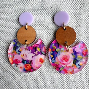 Pink and Purple Earrings, Acrylic Earrings, Lightweight Earrings, Statement Earrings, Purple Earrings, Floral Earrings