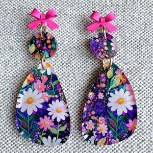 Pink and Purple Earrings, Acrylic Earrings, Lightweight Earrings, Statement Earrings, Purple Earrings, Floral Earrings