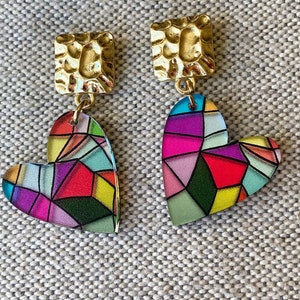 Stained Glass Heart Earrings, Mosaic Earrings, Multicolor Acrylic Earrings, Lightweight Earrings, Statement Earrings, Valentines Earrings