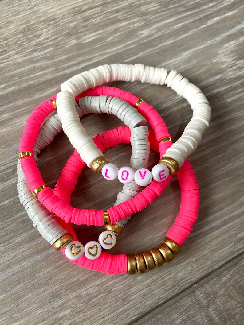 Pink Vinyl Heishi Bead Bracelet Pink Beaded Bracelet Pink and Gold Bracelet Pink Bead Bracelet Neon Pink Vinyl Bracelet