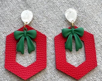 Orecchini in pelle rossa, orecchini rossi e verdi, orecchini di Natale, orecchini in pelle, orecchini leggeri
