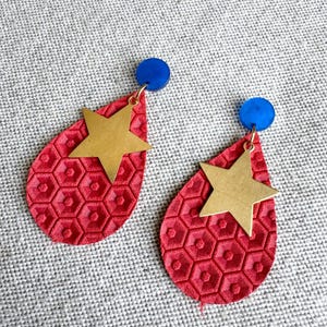 Red Leather Earrings, Leather Earrings, Red Star Earrings, Lightweight Earrings, Patriotic Earrings, July 4th Earrings