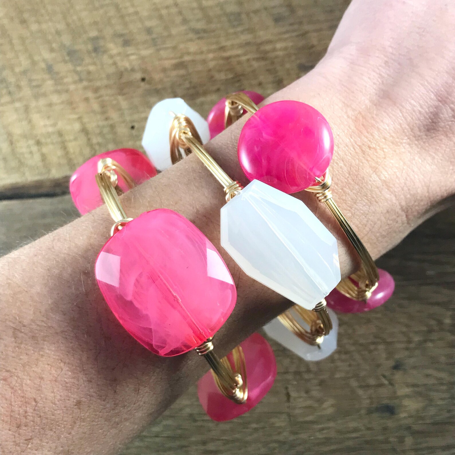 Pink Acrylic Wire Wrap Bangle Pink Bead Bangle Bourbon and Etsy