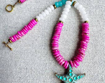 Collar con colgante de estrella de mar, collar de estrella de mar turquesa, collar de cuentas rosas y blancas, collar turquesa y rosa