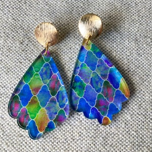 Blue Mosaic Earrings, Blue Acrylic Earrings, Lightweight Earrings, Statement Earrings