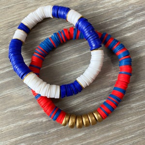 Red and Blue Vinyl Heishi Bead Bracelet, Red Vinyl Bracelet, Red Beaded Bracelet, July 4th Bracelet, Blue Bracelet