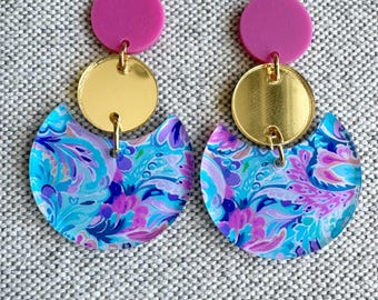 Blue and Pink Floral Acrylic Earrings, Lightweight Earrings, Statement Earrings, Blue and Pink Earrings, Floral Earrings
