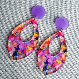 Pink and Purple Earrings, Acrylic Earrings, Lightweight Earrings, Statement Earrings, Purple Earrings, Floral Earrings