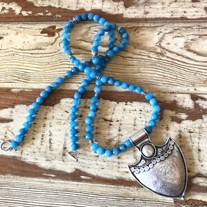 Silver Pendant Necklace, Silver Tribal Pendant Necklace, Blue and Silver Necklace, Blue Beaded Necklace, Statement Necklace