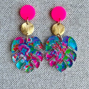 Palm Leaf Earrings, Tropical Palm Leaf Earrings , Leaf Earrings , Statement Earrings, Pink and Green Earrings, Lightweight Earrings