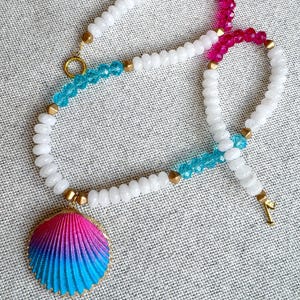 Pink and Blue Seashell Necklace, White Beaded Necklace,  Shell Necklace, Seashell Necklace,  Pink, White, and Blue Necklace