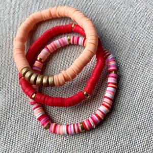 Peach Vinyl Heishi Bead Bracelet, Peach Vinyl Bracelet, Peach Beaded Bracelet, Peach and Gold Bracelet, Peach Bead Bracelet