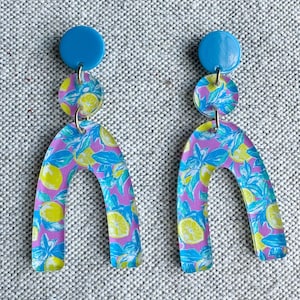 Yellow Lemon Earrings, Yellow and Blue Acrylic Earrings, Lightweight Earrings, Lemon Earrings, Statement Earrings, Summer Earrings