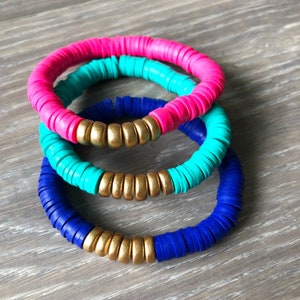Blue Vinyl Heishi Bead Bracelet, Blue Vinyl Bracelet, Blue Beaded Bracelet, Blue and Gold Bracelet, Blue Bead Bracelet