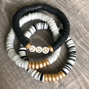 Black, White, and Gray Vinyl Heishi Bead Bracelet, Black Vinyl Bracelet, Black And White Bracelet, Black and Gold Bracelet