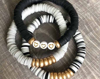 Black, White, and Gray Vinyl Heishi Bead Bracelet, Black Vinyl Bracelet, Black And White Bracelet, Black and Gold Bracelet