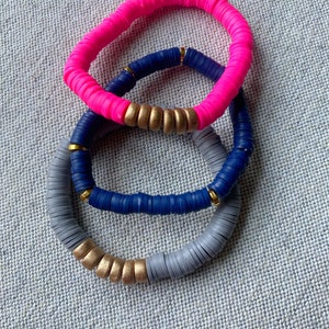 Navy Vinyl Heishi Bead Bracelet, Navy Blue Vinyl Bracelet, Navy Beaded Bracelet, Navy and Gold Bracelet, Blue Bead Bracelet