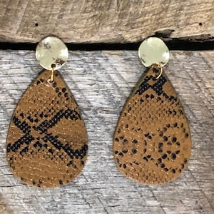 Brown and Black Snakeskin Earrings, Brown and Black Vegan Leather Earrings, Snakeskin Earrings, Leather Earrings, Brown Earrings