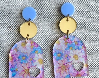Blue and Pink Floral Acrylic Earrings, Lightweight Earrings, Statement Earrings, Blue and Pink Earrings, Floral Earrings