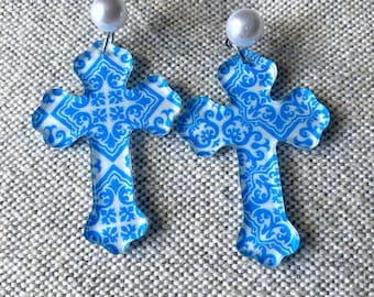 Blue and White Cross Earrings, Cross Earrings, Blue and White Earrings, Wedding Jewelry