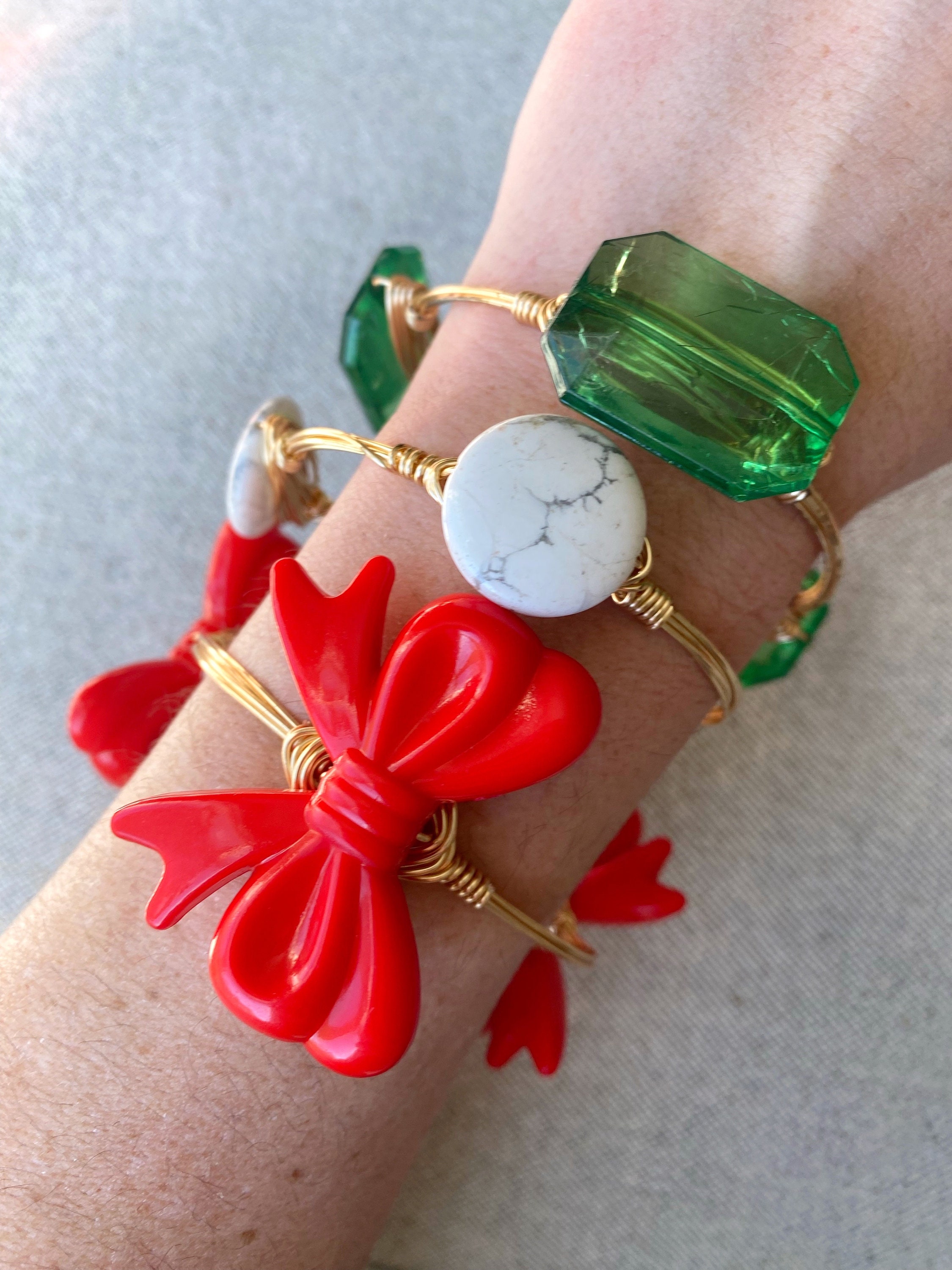 Red Acrylic Bow Bangle, Red Bangle, Red Acrylic Bangle, Gold Wire Wrap ...