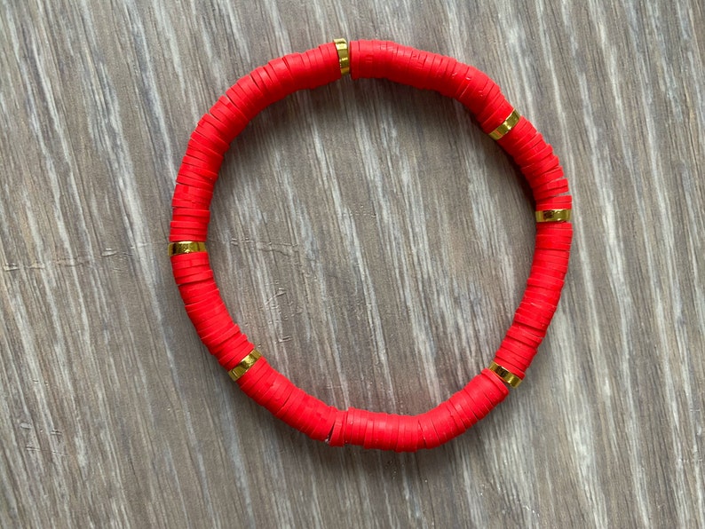 Red Vinyl Bracelet Red Beaded Bracelet Valentines Bracelet July 4th Bracelet Red Vinyl Heishi Bead Bracelet